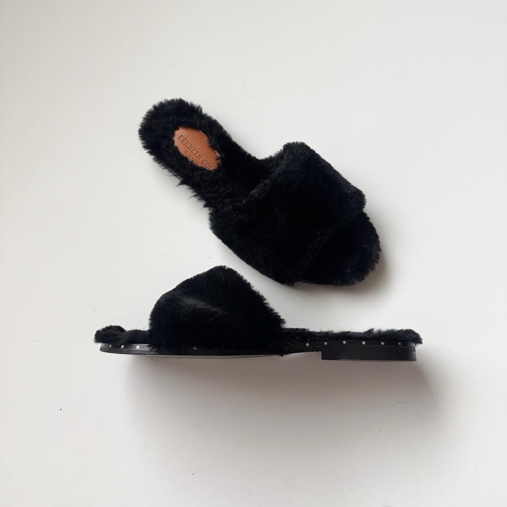 Kenneth Cole NY Peggy Faux Fur Slide Sandals 11 Black Flats Made In Italy